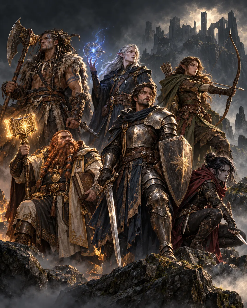 Six adventurers on a rocky rise below a ruined keep: a barbarian, an elf wizard, an elf ranger, a dwarf cleric, a knight and a rogue